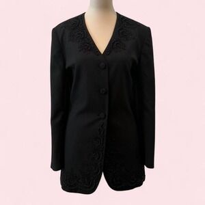 Vintage John Meyer Black Blazer Beaded Lace Appliqué Detail Button Front Size 12